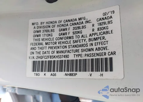 2019 Honda Civic Sport z USA, uszkodzony, nr VIN 2HGFC2F85KH537490